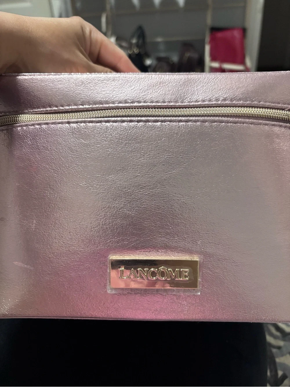 Lancôme Metallic Pink Cosmetic Pouch with Gold Logo Plate